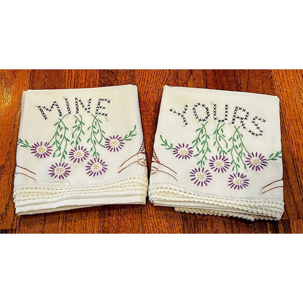 Vintage‎ Embroidered Pillowcases Mine Yours Floral Bridal Cottagecore Linens Set